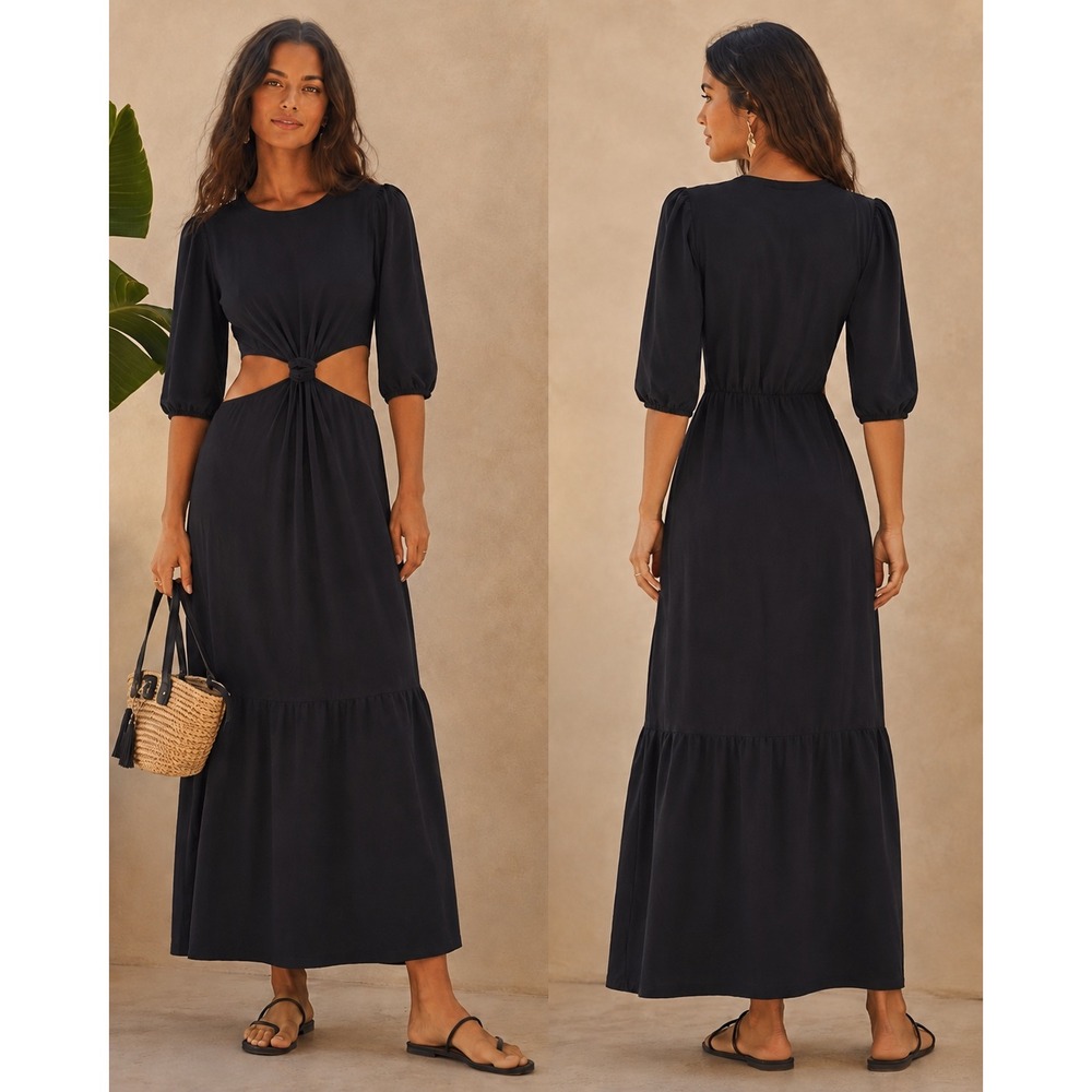 Farm Rio Black Cutout Knot Front Puff Sleeve Jersey Maxi Dress Size P Small